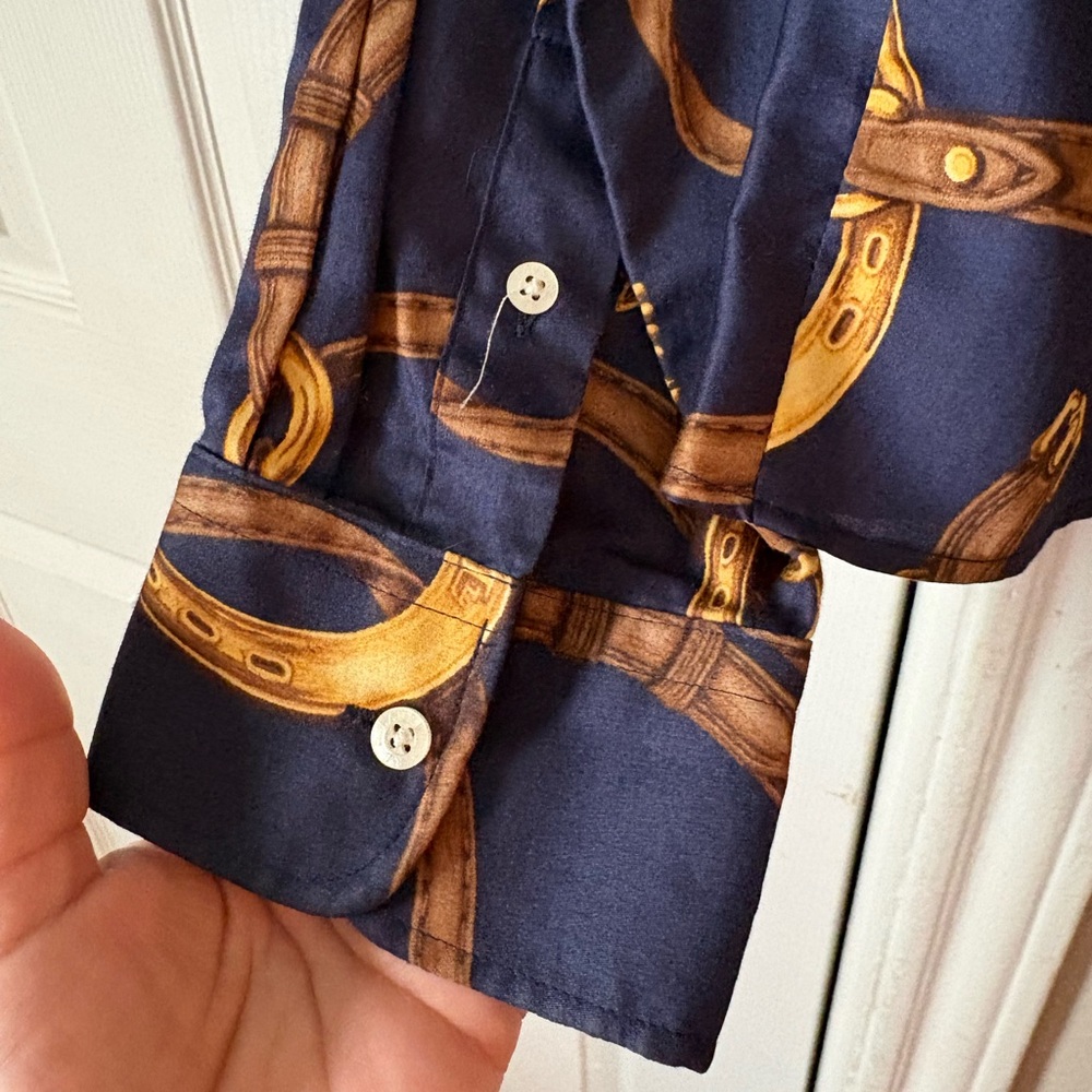 Ralph Lauren Equestrian Navy Gold Chain-Print Peplum Button-Down Shirt - Picture 5 of 7